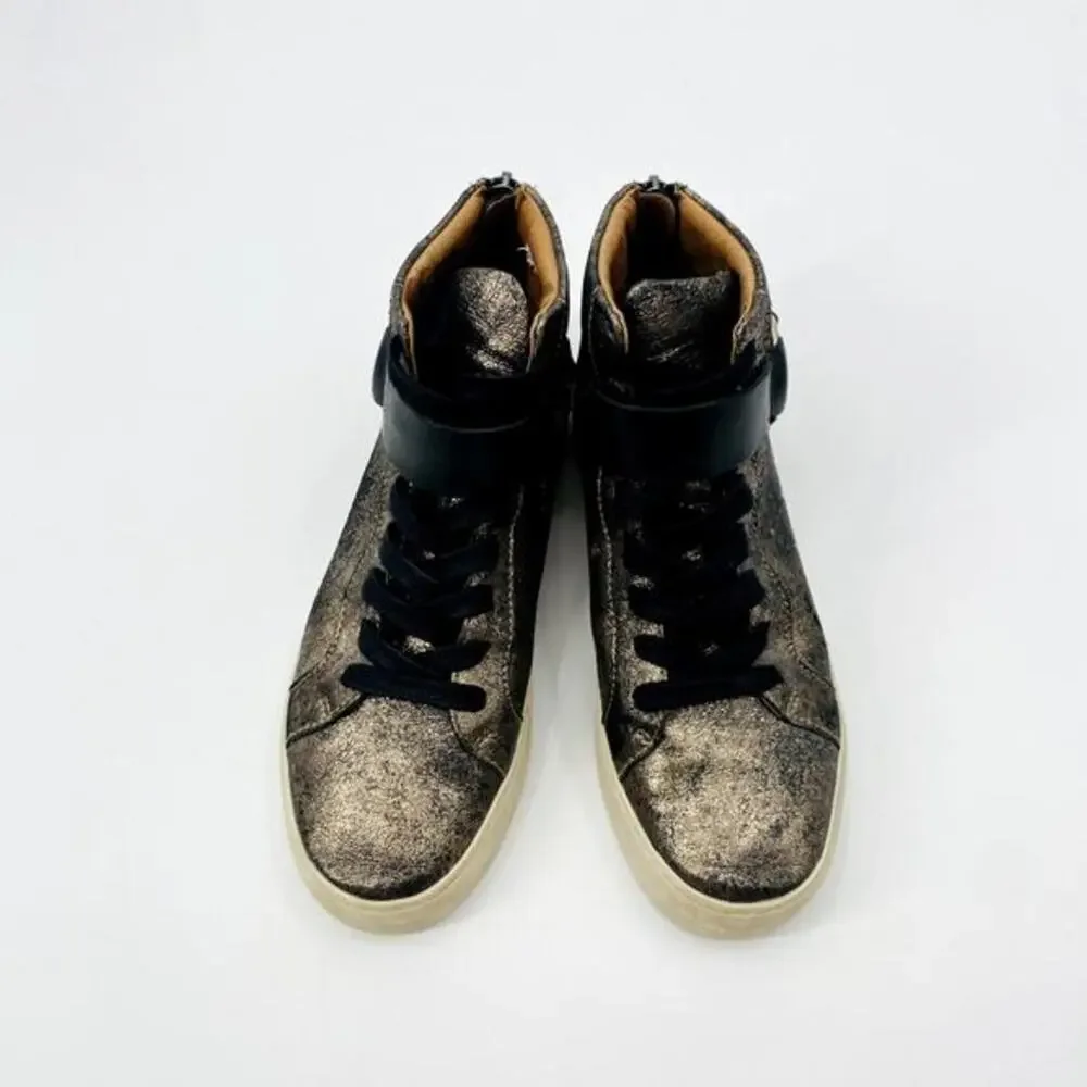 Frye Black Leather Brushed Gold Distressed‎ High Top Sneakers